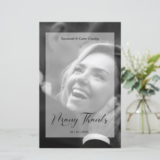 Vellum Effect Budget Wedding BW Photo Thanks  (Staand voorkant)