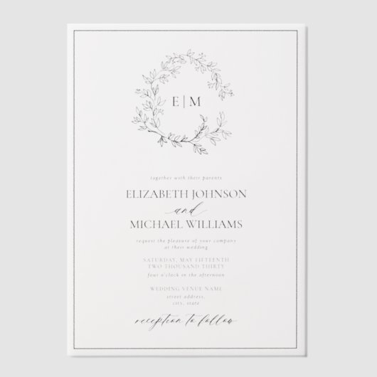Vellum Elegant Black Leafy Crest Monogram Huwelijk Vellum Uitnodigingen (Voorkant)