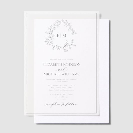 Vellum Elegant Black Leafy Crest Monogram Huwelijk Vellum Uitnodigingen (Offset)