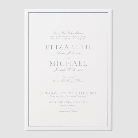 Vellum Elegant Dusty Blue Classic Script Wedding Vellum Uitnodigingen (Voorkant)