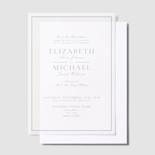 Vellum Elegant Dusty Blue Classic Script Wedding Vellum Uitnodigingen (Offset)
