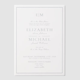 Vellum Elegant Dusty Blue Script Monogram Huwelijk Uitnodigingen