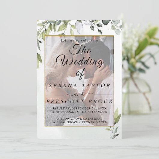 Vellum Elegant Eucalyptus Weddenschap Kaart (Staand voorkant)