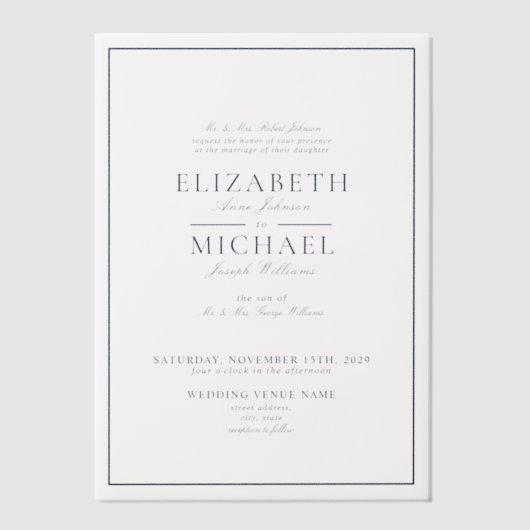 Vellum Elegant Navy Blue Classic Script Wedding Vellum Uitnodigingen (Voorkant)