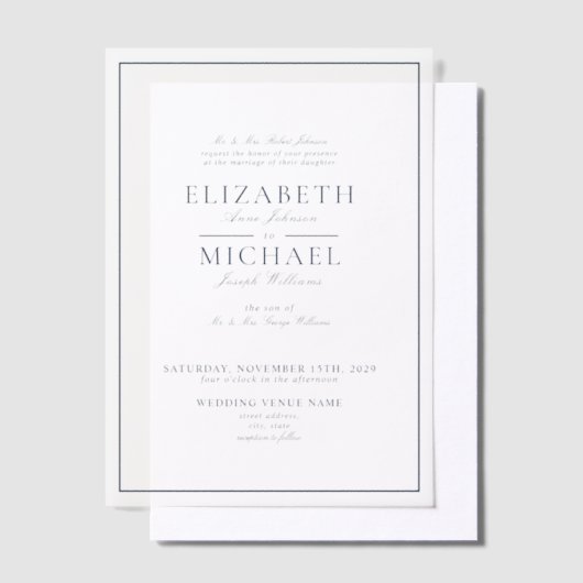 Vellum Elegant Navy Blue Classic Script Wedding Vellum Uitnodigingen (Offset)