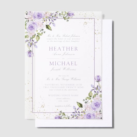 Vellum Elegante Lila Lavendel Gouden Bloemen Huwel Vellum Uitnodigingen (Offset)