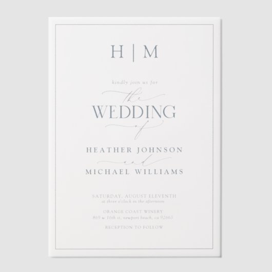 Vellum Formal Dusty Blue Monogram Script Wedding Vellum Uitnodigingen (Voorkant)