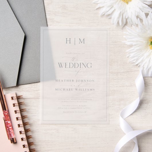 Vellum Formal Dusty Blue Monogram Script Wedding Vellum Uitnodigingen (Huwelijk)