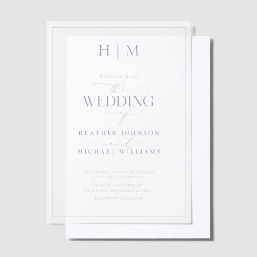 Vellum Formal Dusty Blue Monogram Script Wedding Vellum Uitnodigingen (Offset)