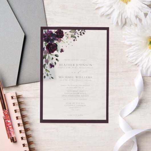 Vellum Formal Plum Paarse Bloemen Waterverf Script Uitnodigingen (Huwelijk)