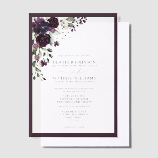 Vellum Formal Plum Paarse Bloemen Waterverf Script Vellum Uitnodigingen (Offset)