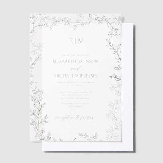 Vellum Leaf Sage Green Elegant Monogram Huwelijk Vellum Uitnodigingen (Offset)