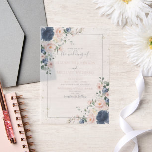 Vellum Light Dusty Blue Blush Pink Gold Floral Vellum Uitnodigingen