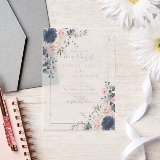 Vellum Light Dusty Blue Blush Pink Gold Floral Vellum Uitnodigingen (Huwelijk)