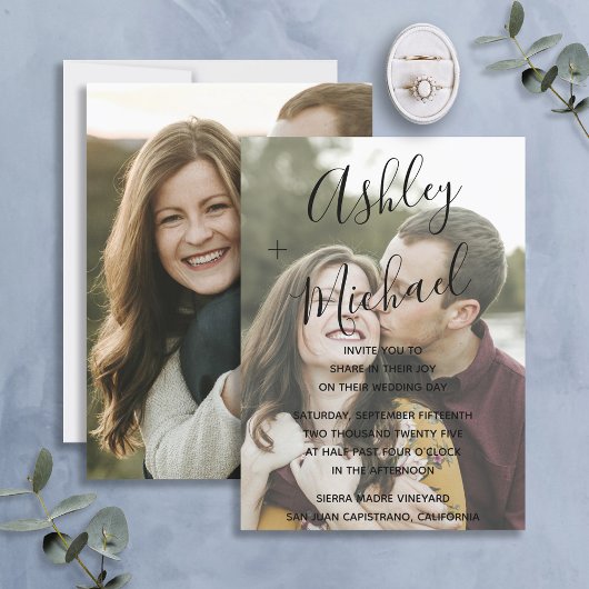 Vellum look Black Handbriefed Photo Wedding Kaart