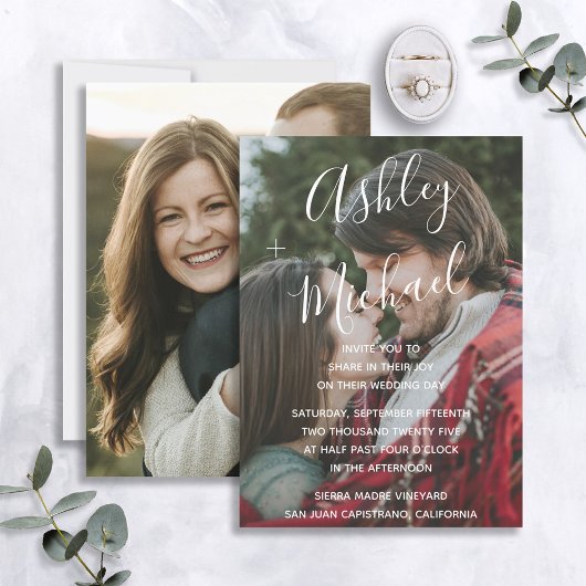 Vellum look White Handbriefed Photo Wedding Kaart