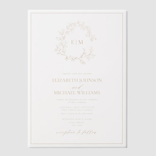 Vellum Modern Gold Leafy Crest Monogram Huwelijk Uitnodigingen (Voorkant)