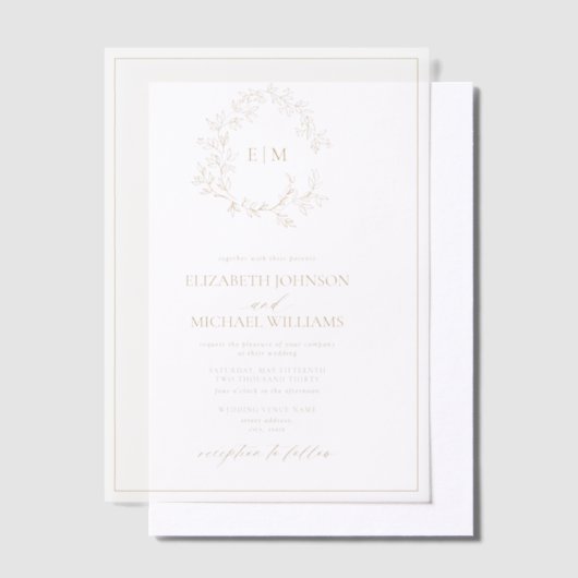 Vellum Modern Gold Leafy Crest Monogram Huwelijk Uitnodigingen (Offset)