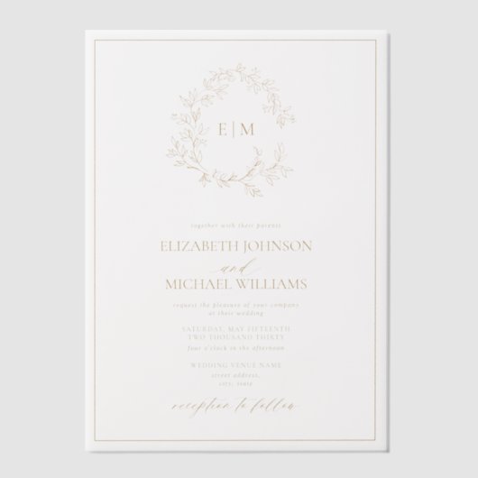 Vellum Modern Gold Leafy Crest Monogram Huwelijk Vellum Uitnodigingen (Voorkant)