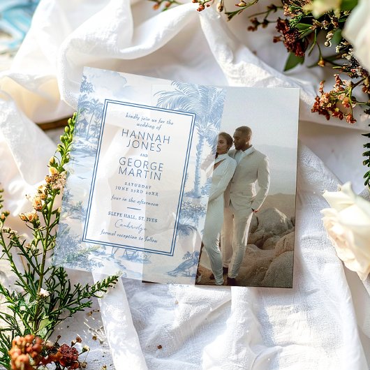 Vellum over Blue Coastal Toile Wedding Invitation Vellum Uitnodigingen