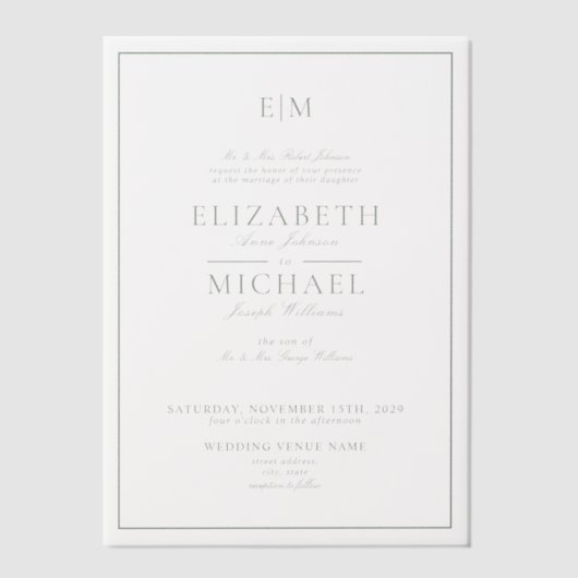 Vellum Sage Green Classic Script Monogram Huwelijk Vellum Uitnodigingen (Voorkant)