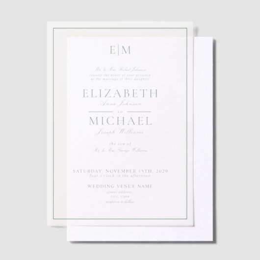 Vellum Sage Green Classic Script Monogram Huwelijk Vellum Uitnodigingen (Offset)