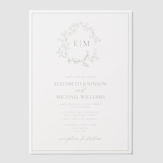 Vellum Sage Green Leafy Crest Monogram Huwelijk Vellum Uitnodigingen (Voorkant)
