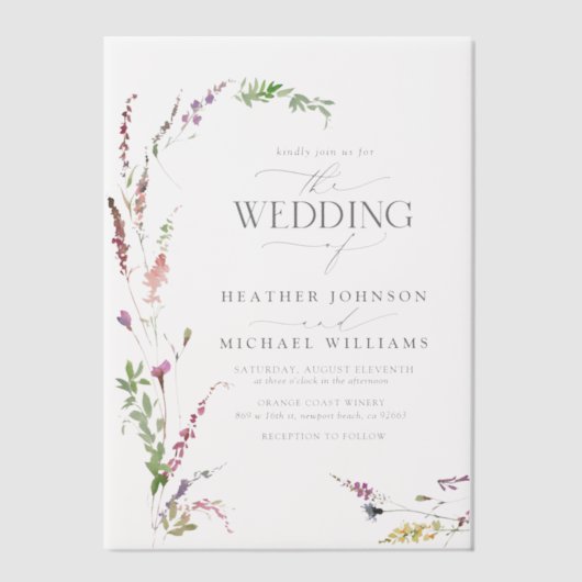 Vellum Trendy Elegant Wildflower Bloemen Huwelijk Vellum Uitnodigingen (Voorkant)