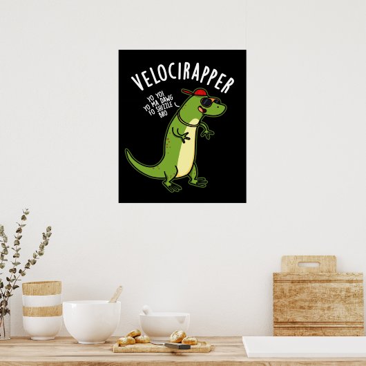 Veloci-rapper Funny Dinosaur Pun Dark BG Poster (Keuken)