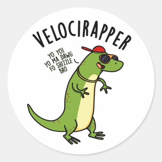 Veloci-rapper Funny Dinosaur Pun Ronde Sticker (Voorkant)