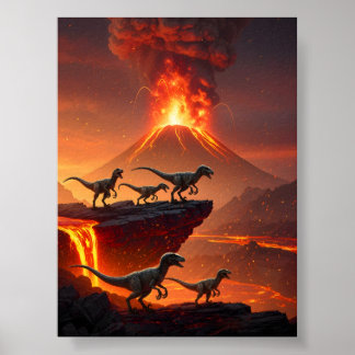 Velociraptor met een uitbarstende vulkaan poster