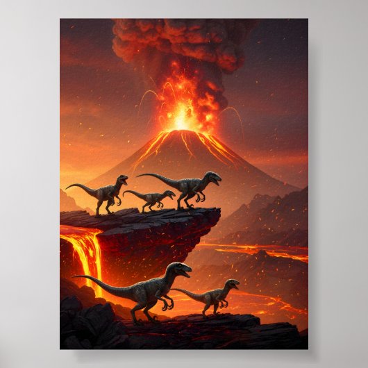 Velociraptor met een uitbarstende vulkaan poster (Voorkant)