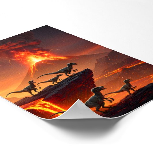 Velociraptor met een uitbarstende vulkaan poster (Hoek)