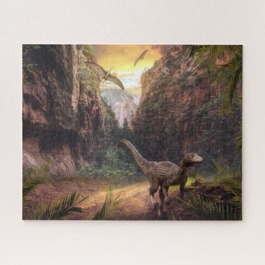 Velociraptor & Pterosaur in prehistorisch landscha Legpuzzel (Horizontaal)