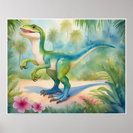 Velociraptor Waterverf Dinosaurus Kwekerij Kunst Poster (Voorkant)