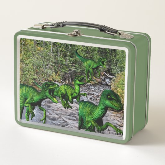 Velociraptors door een bergstroom (Voorkant)