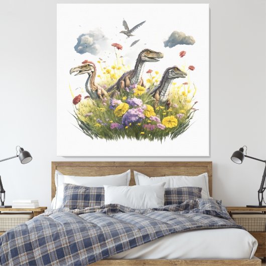 Velociraptors in een weide canvas afdruk (Insitu (Slaapkamer))