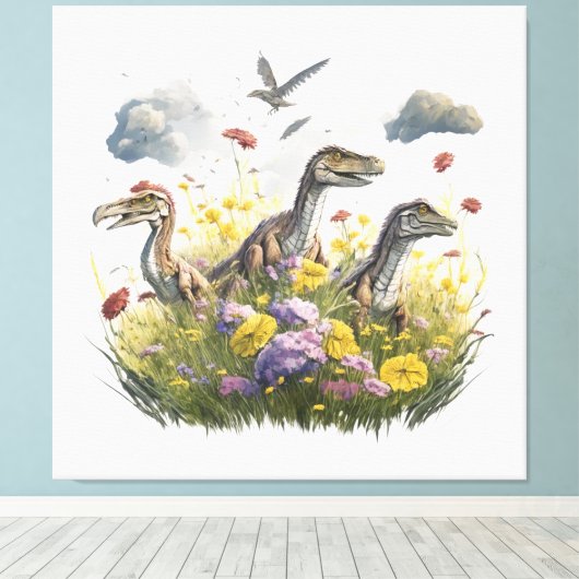 Velociraptors in een weide canvas afdruk (Insitu (Houten vloer))