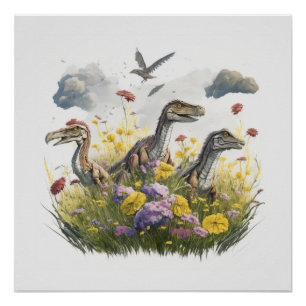 Velociraptors in een weide perfect poster