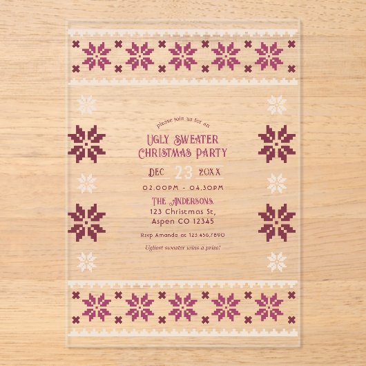 Velvet Berry Ugly Sweater Christmas Party Acryl Uitnodigingen (Voorkant)