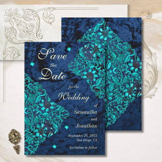 Velvet Blauwgroen en Navy Luxury Wedding Save The Date