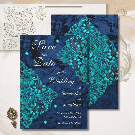 Velvet Blauwgroen en Navy Luxury Wedding Save The Date