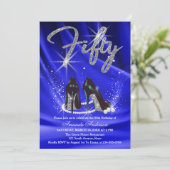 Velvet Blue en Silver Glam 50th Birthday Party Kaart (Staand voorkant)