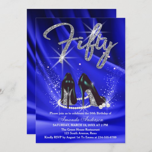 Velvet Blue en Silver Glam 50th Birthday Party Kaart (Voorkant / Achterkant)