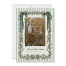 Velvet Bow and Stripes Christmas Photo Card Green