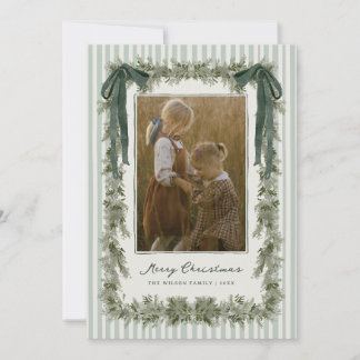 Velvet Bow and Stripes Christmas Photo Card Green Feestdagenkaart