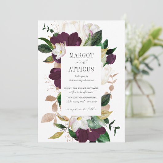 Velvet Magnolia en Ivory flower geometrische bruil Kaart (Staand voorkant)