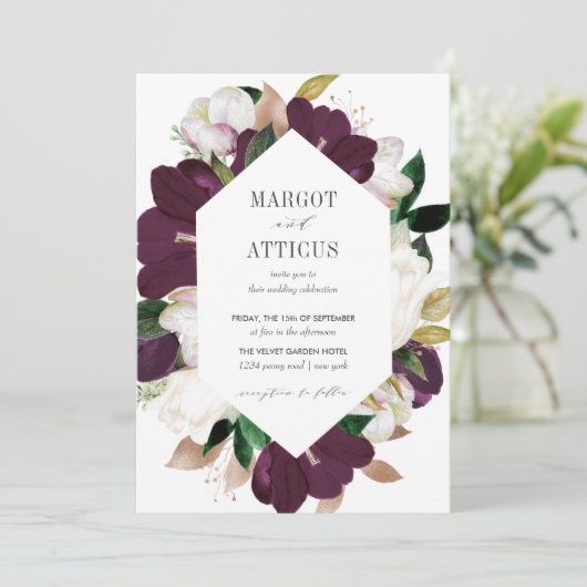 Velvet Magnolia en Ivory flower hexagon bruiloft Kaart (Staand voorkant)