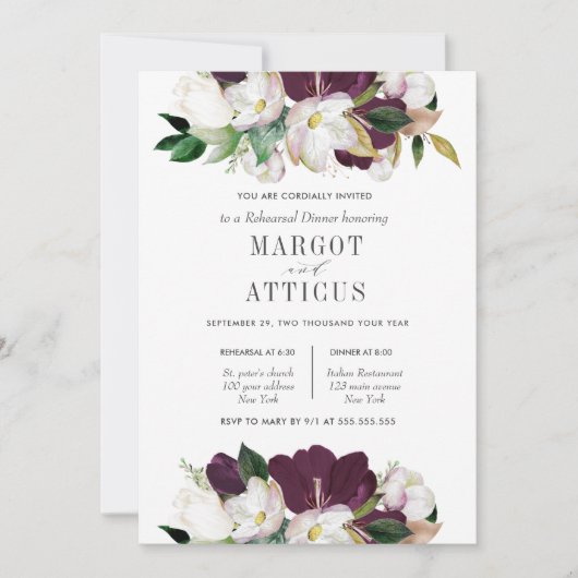Velvet Magnolia Flower Wedding Rehearsal Dinner Kaart (Voorkant)