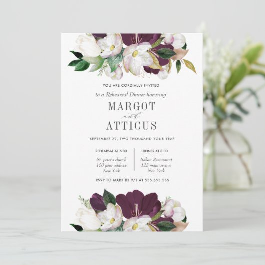 Velvet Magnolia Flower Wedding Rehearsal Dinner Kaart (Staand voorkant)